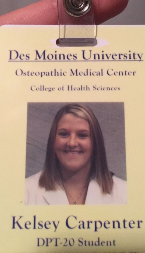 Kelsey's badge at Des Moines University.